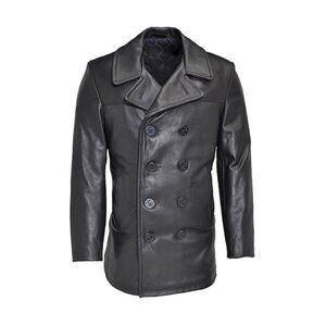 Men's Knee Length Double Breasted Naval Pea Leather Coat